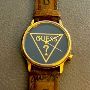 Guess Vinyage 1991 Women's Gold Tone Black Logo 34mm Unisex Watch Leather Band